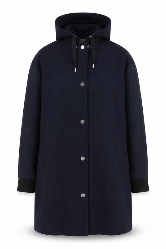 Front view of Topshop unisex navy blue hooded mid-length parka coat, size 34