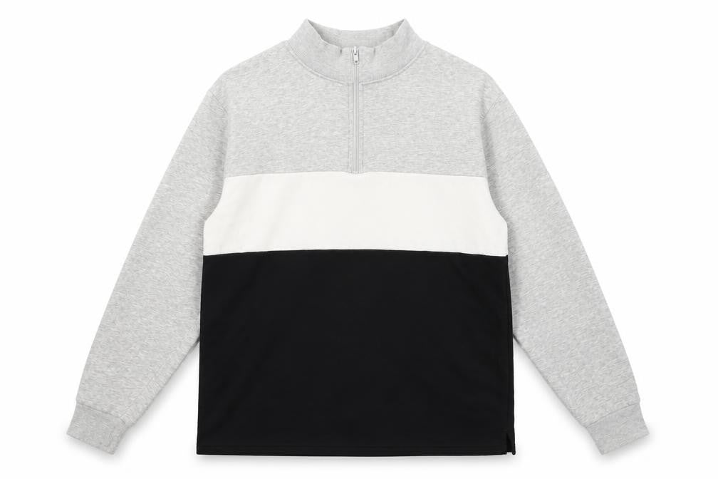 Front view of H&M boys’ grey white black colourblock 1/4 zip sweatshirt 14y