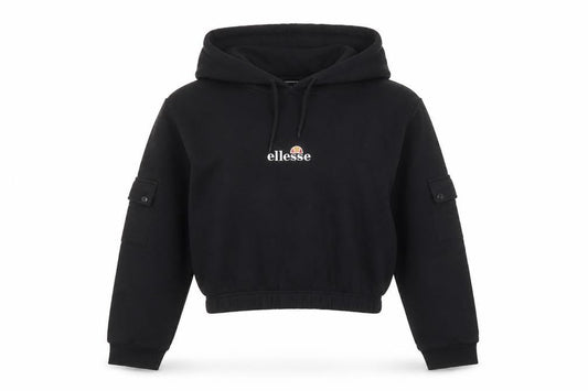 Front view of Ellesse women’s black uk 10 cropped pullover hoodie with pockets