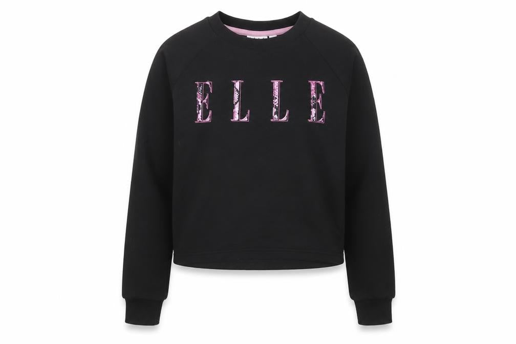 Front view of ELLE girls’ black crew neck pullover sweatshirt 12-13 years cotton blend