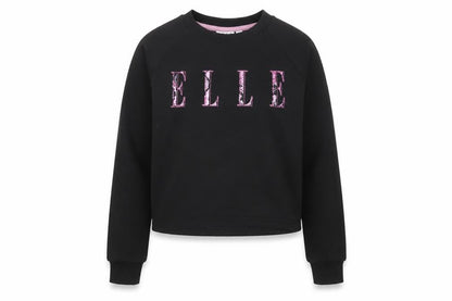Front view of ELLE girls’ black crew neck pullover sweatshirt 12-13 years cotton blend