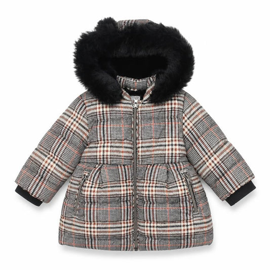 Front view of Next unisex baby multicoloured check puffer coat 9-12 months hooded winter jacket