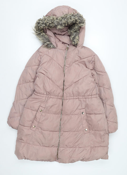 Next Girls Pink Long Hooded Puffer Coat 11 Years Faux Fur Trim Winter Jacket