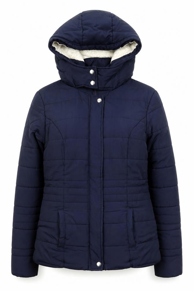 Front view of Jacqueline de Yong Women's Blue, size 10, Hooded Puffer Jacket
