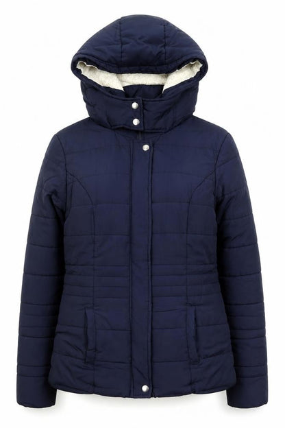 Front view of Jacqueline de Yong Women's Blue, size 10, Hooded Puffer Jacket