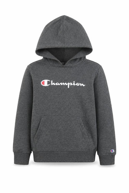 Front view of Champion boys’ grey pullover hoodie 7-8 years graphic logo fleece sweatshirt