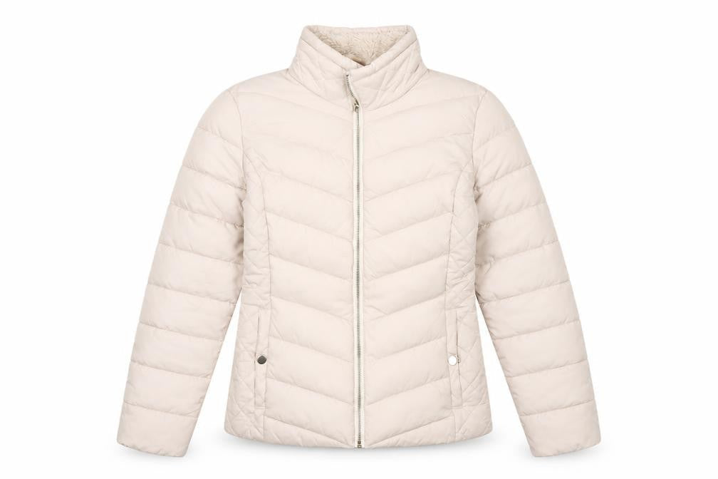 Front view of Miss Selfridge Petites Beige Puffer Jacket UK 8 Petite Women’s