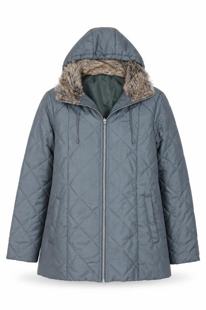 Front view of Anne de Lançay women’s grey quilted faux fur hooded puffer coat s