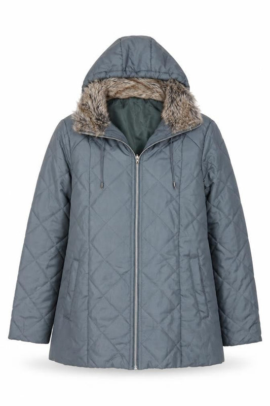Front view of Anne de Lançay women’s grey quilted faux fur hooded puffer coat s