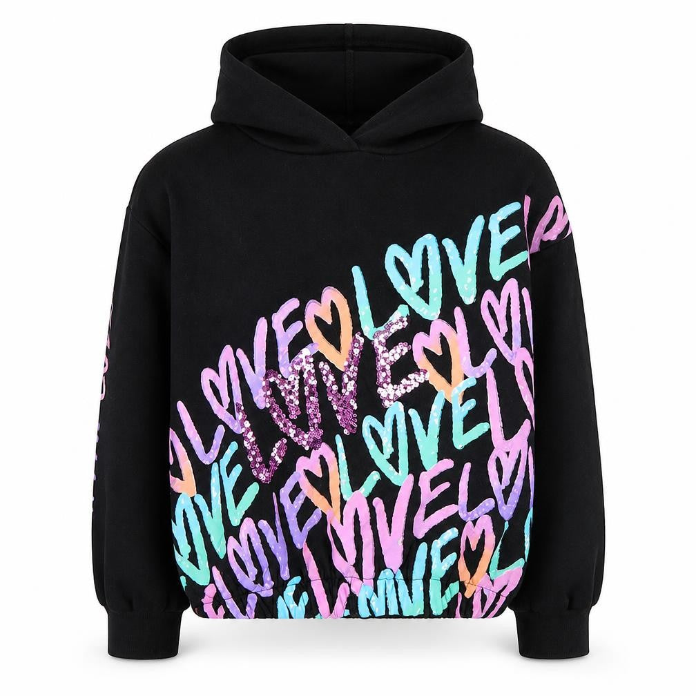 Front view of Next girls’ black sequin love hoodie 13 years pullover fleece sweatshirt