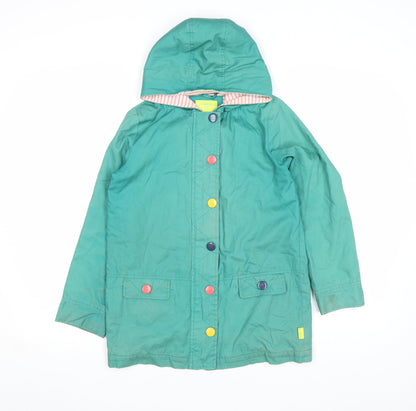 White Stuff Girls Green Hooded Rain Coat 9-10 Years Cotton Lined Mid-Length
