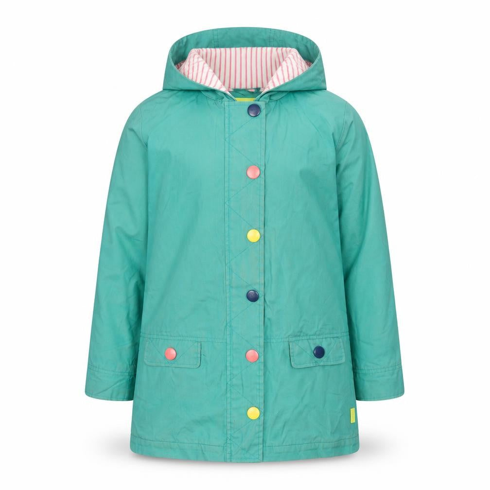 Front view of White Stuff girls’ green hooded rain coat 9-10 years cotton lined mid-length