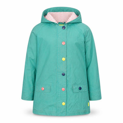 Front view of White Stuff girls’ green hooded rain coat 9-10 years cotton lined mid-length
