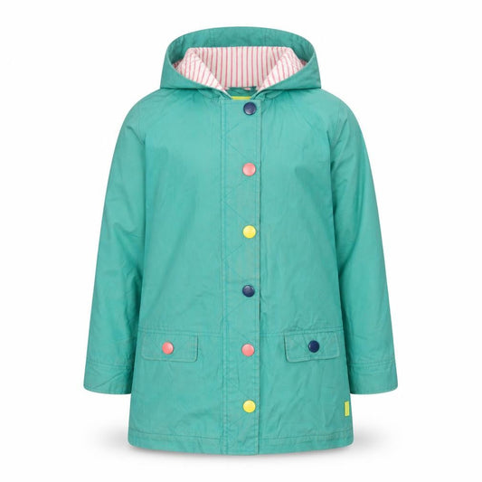 White Stuff Girls Green Hooded Rain Coat 9-10 Years Cotton Lined Mid-Length