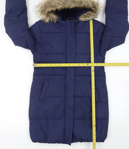 John Lewis Girls Blue Hooded Mid-Length Puffer Coat Age 10 Winter Lined