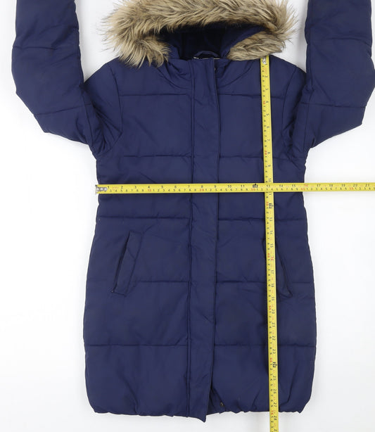 John Lewis Girls Blue Hooded Mid-Length Puffer Coat Age 10 Winter Lined