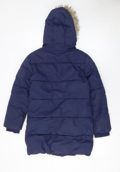 John Lewis Girls Blue Hooded Mid-Length Puffer Coat Age 10 Winter Lined