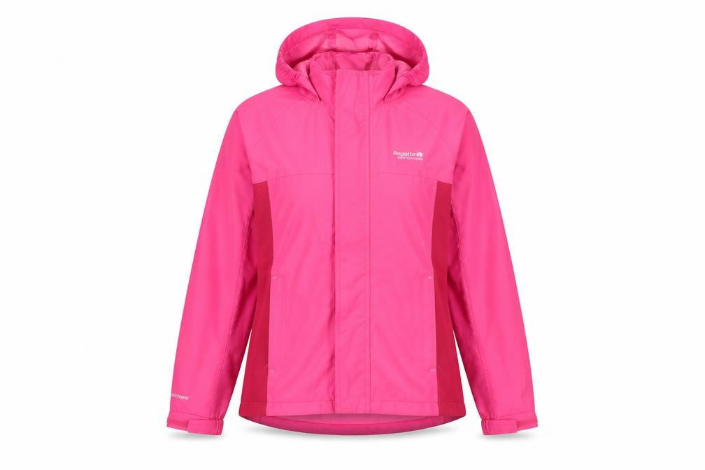 Front view of Regatta Teens Pink Waterproof Hooded Rain Jacket, size M