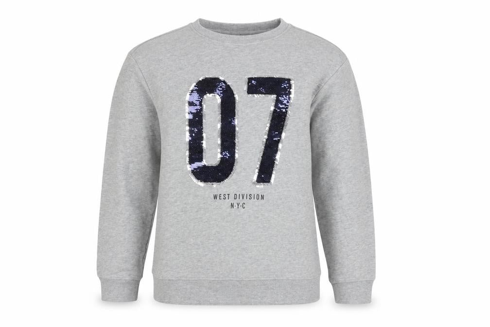 Front view of Mango Kids girls’ grey sequin 07 sweatshirt 11-12 years crew neck pullover