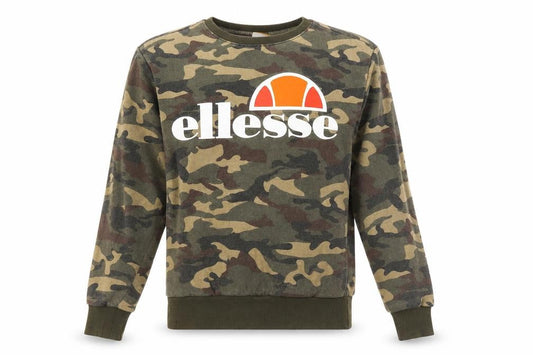 Front view of Ellesse women’s green camouflage crew neck pullover sweatshirt uk s