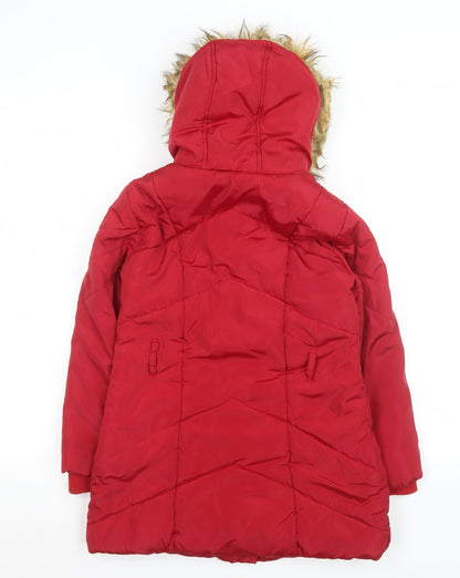 Tu Girls Red Faux Fur Hooded Puffer Coat 9-10 Years Winter Jacket