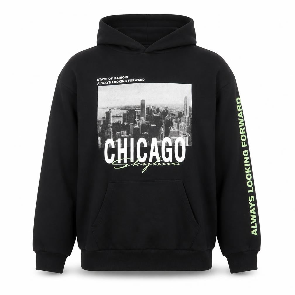 Front view of H&M Teens Black Chicago Graphic Print Pullover Hoodie, size 164