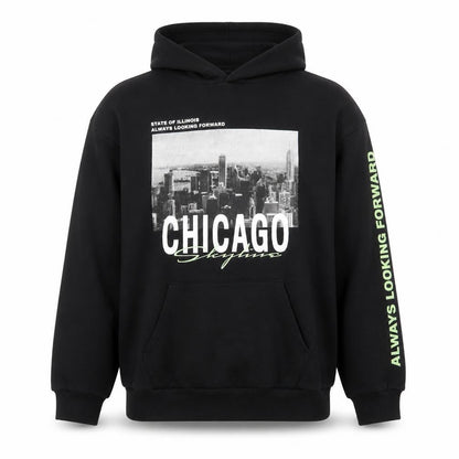 Front view of H&M Teens Black Chicago Graphic Print Pullover Hoodie, size 164