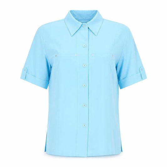 Front view of Oscar B Men’s Blue Short Sleeve Button-Up Shirt, size 14, Polyester Blend