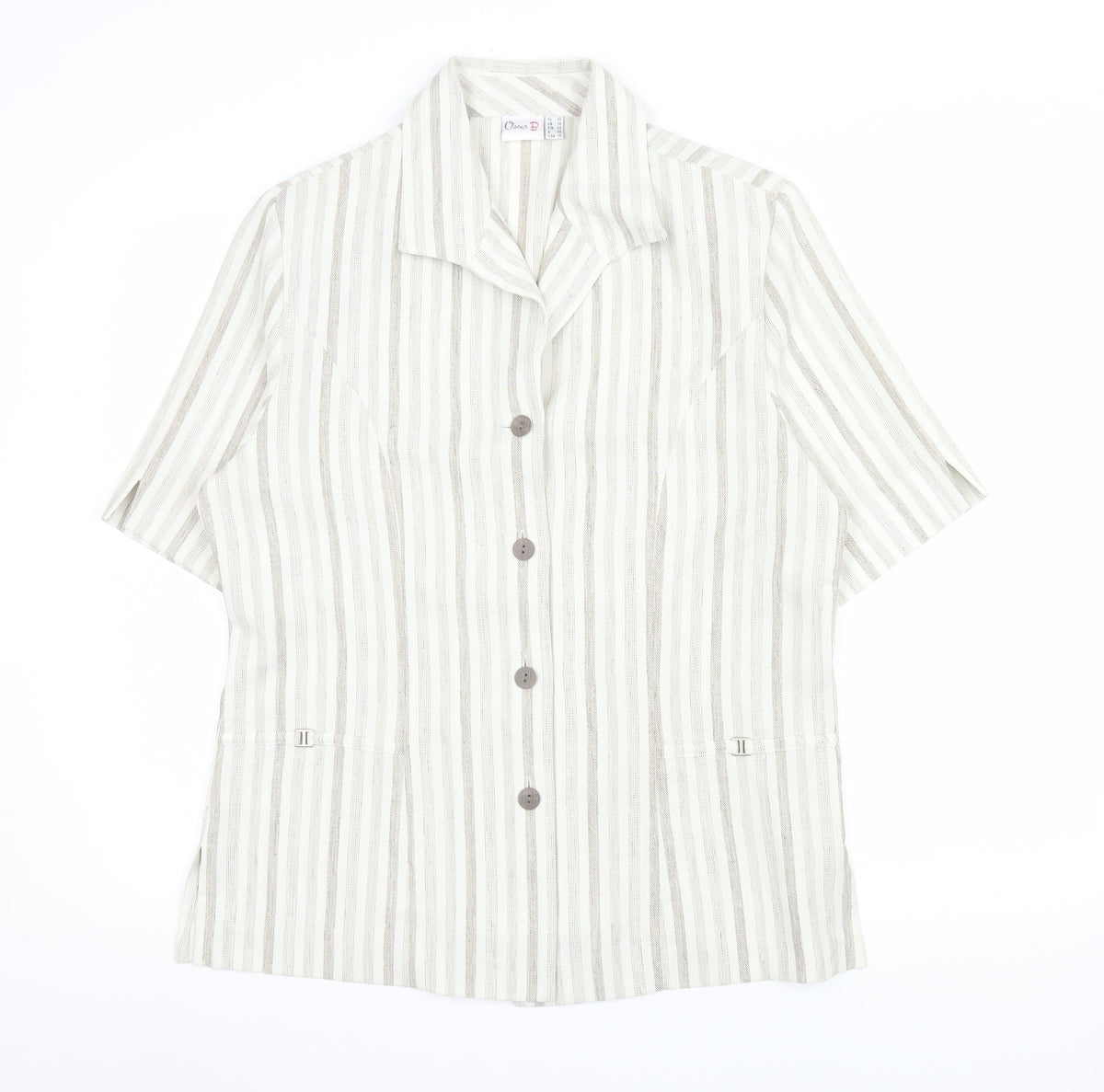 Oscar B Beige Striped Collared Short Sleeve Button-Up Top Size 14