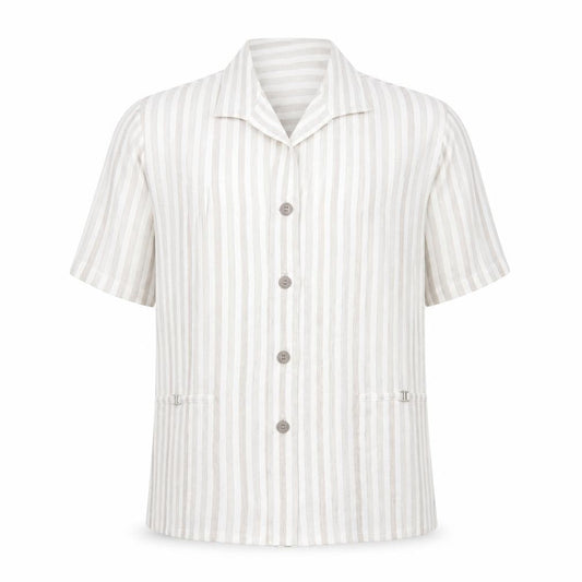 Front view of Oscar B Beige Striped Collared Short Sleeve Button-Up Top, size 14
