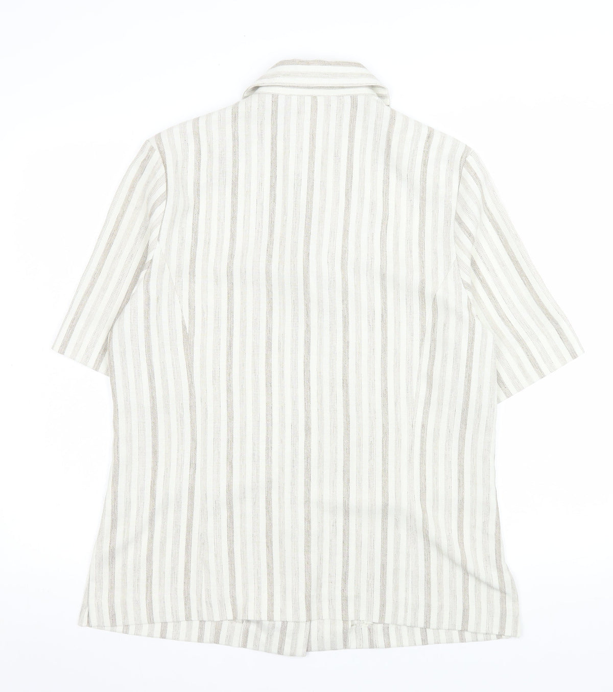 Oscar B Beige Striped Collared Short Sleeve Button-Up Top Size 14