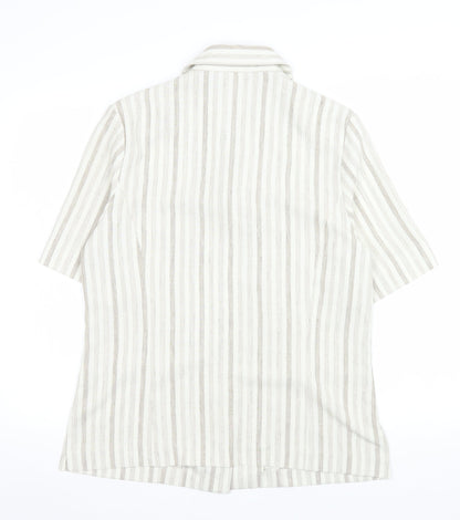 Oscar B Beige Striped Collared Short Sleeve Button-Up Top Size 14