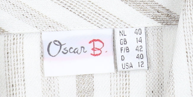 Oscar B Beige Striped Collared Short Sleeve Button-Up Top Size 14