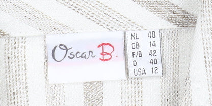 Oscar B Beige Striped Collared Short Sleeve Button-Up Top Size 14