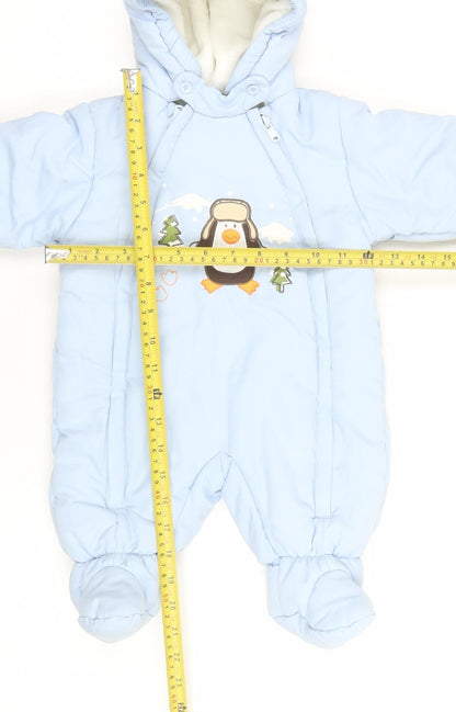 C&A Baby Club Blue Hooded Penguin Winter Snowsuit 3-6 Months Puffer