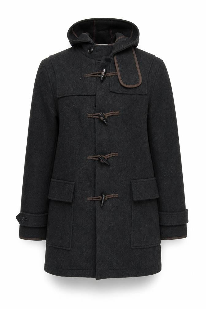 Front view of Topman unisex adults black wool duffle coat m hooded mid-length