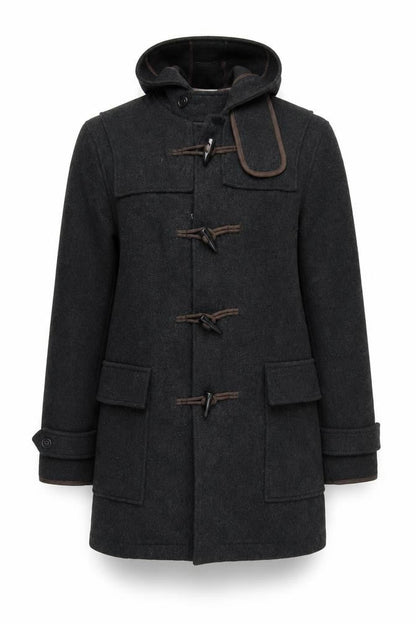 Front view of Topman unisex adults black wool duffle coat m hooded mid-length