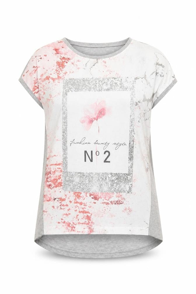 Front view of Long Tall Sally women’s grey pink graphic short sleeve t-shirt xs