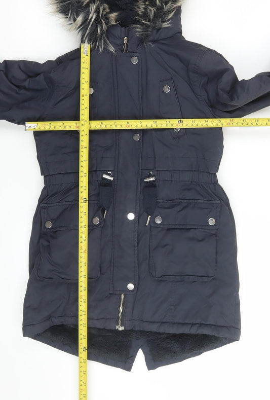 Next Girls Blue Faux Fur Hooded Parka Coat 9 Years Winter Lined Jacket