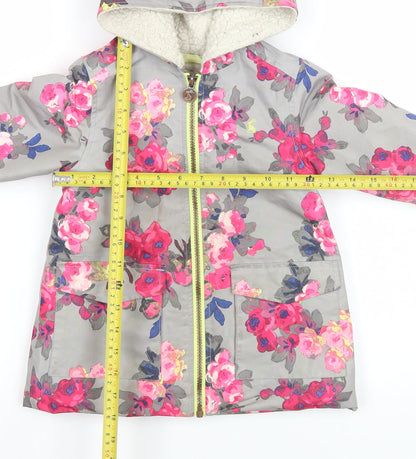 Joules Girls Grey Floral Hooded Rain Coat 3 Years Lined Waterproof