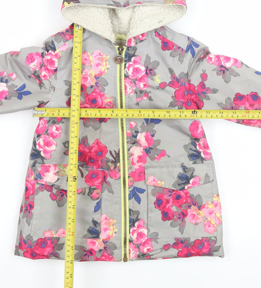 Joules Girls Grey Floral Hooded Rain Coat 3 Years Lined Waterproof