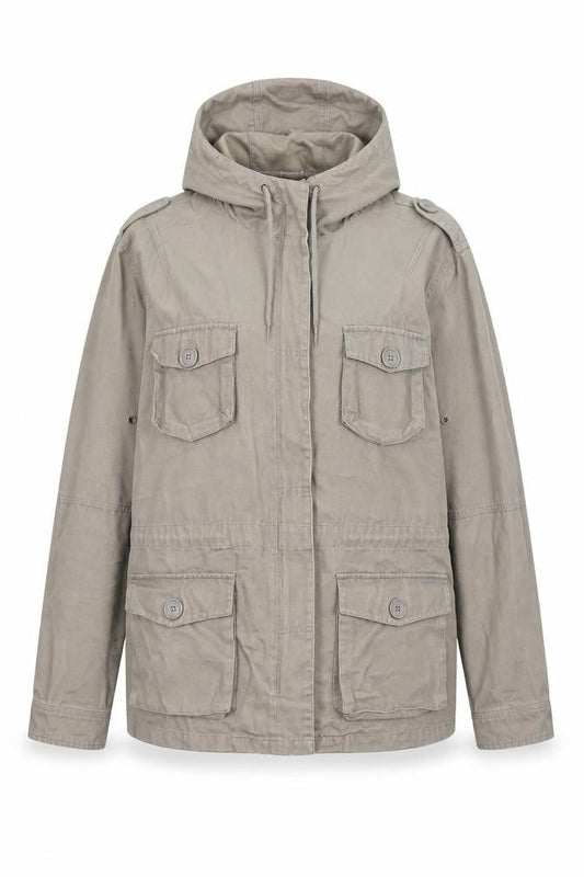 Front view of Foxhole women’s beige hooded cotton anorak jacket, size UK 14, lightweight casual