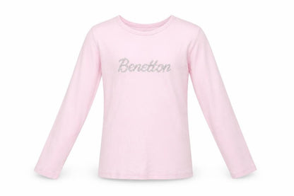 Front view of United Colors of Benetton girls’ pink long sleeve logo t-shirt 8-9 years
