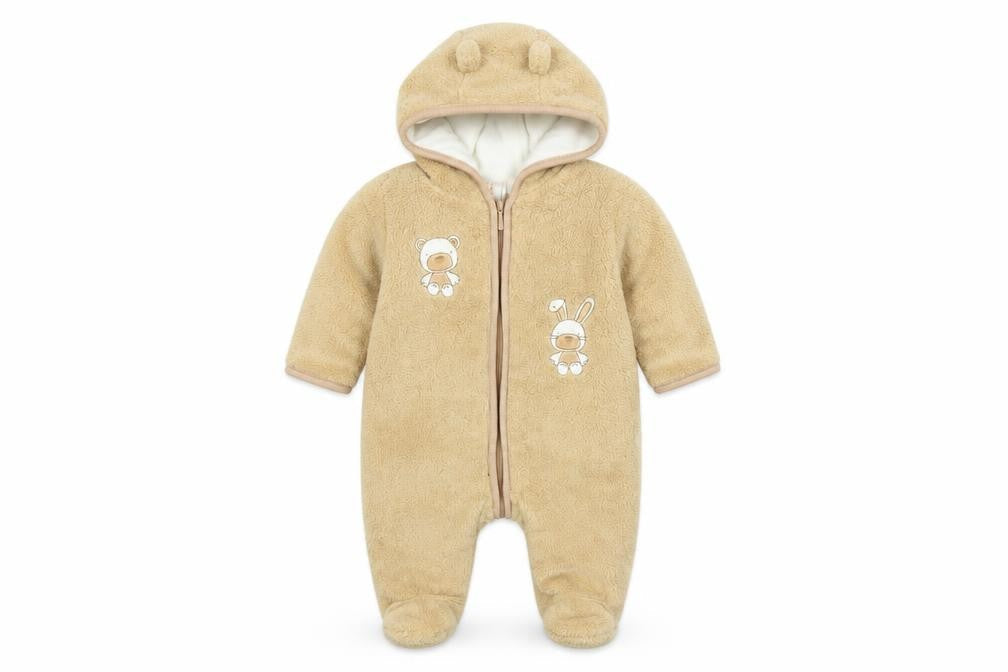 Front view of Absorba unisex baby beige hooded fleece snowsuit 3-6 months with ears