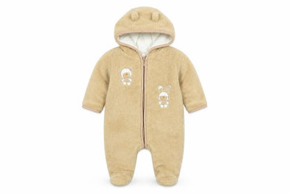 Front view of Absorba unisex baby beige hooded fleece snowsuit 3-6 months with ears