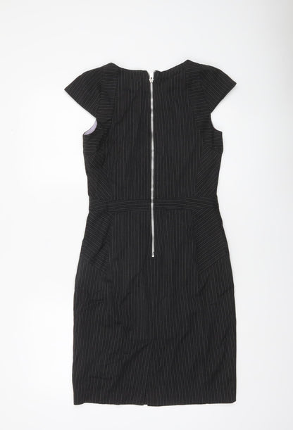 Warehouse Women Black Pinstripe Sheath Dress UK 10 Short Sleeve Workwear