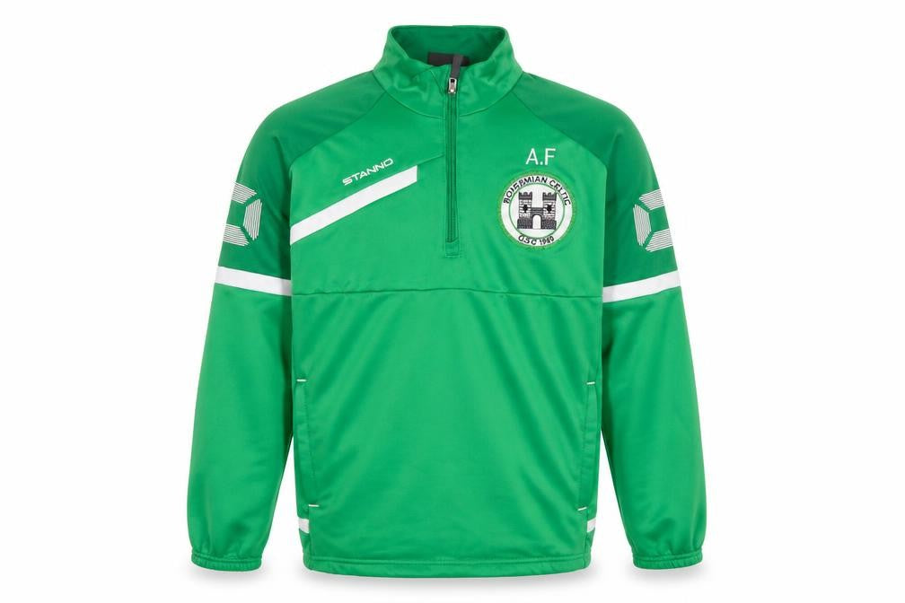 Front view of Stanno boys’ green 1/4 zip football training top 11-12 years