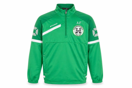 Front view of Stanno boys’ green 1/4 zip football training top 11-12 years