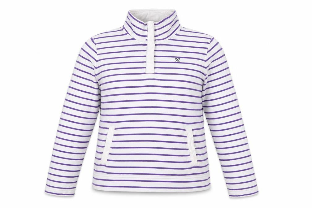Front view of Crew Clothing White Purple Striped 1/2 Zip Sweatshirt, size 12