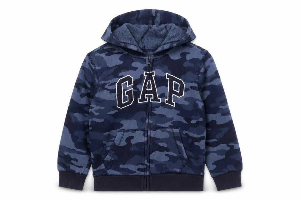 Front view of Gap boys’ blue camouflage hooded full zip jacket, size 10-11, years
